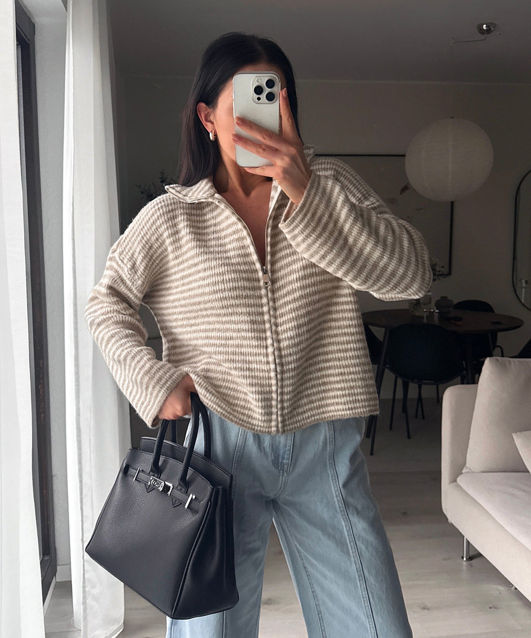 Zip Strickjacke Helena Streifen Taupe