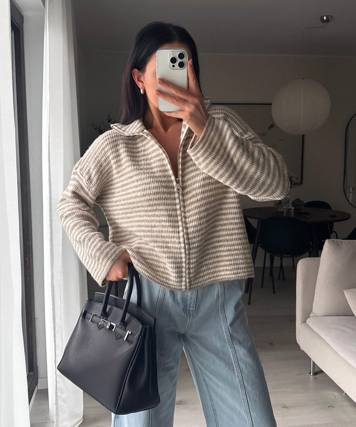 Zip Strickjacke Helena Streifen Taupe