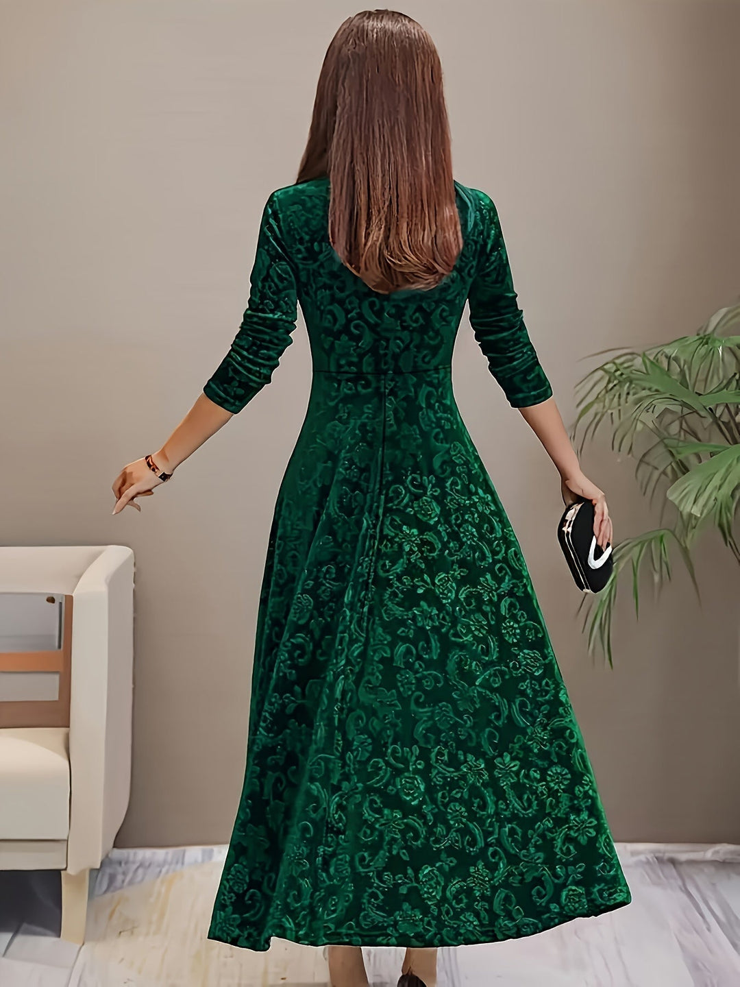 Drei Viertel-Arm Samtkleid Damen floral