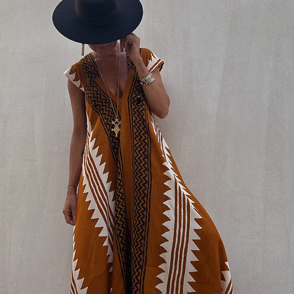 Damen-Maxikleid in A-Linie mit Ethno-Print