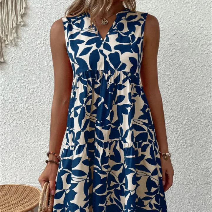 Damenkleid in A-Linie mit Blumenmuster und V-Ausschnitt