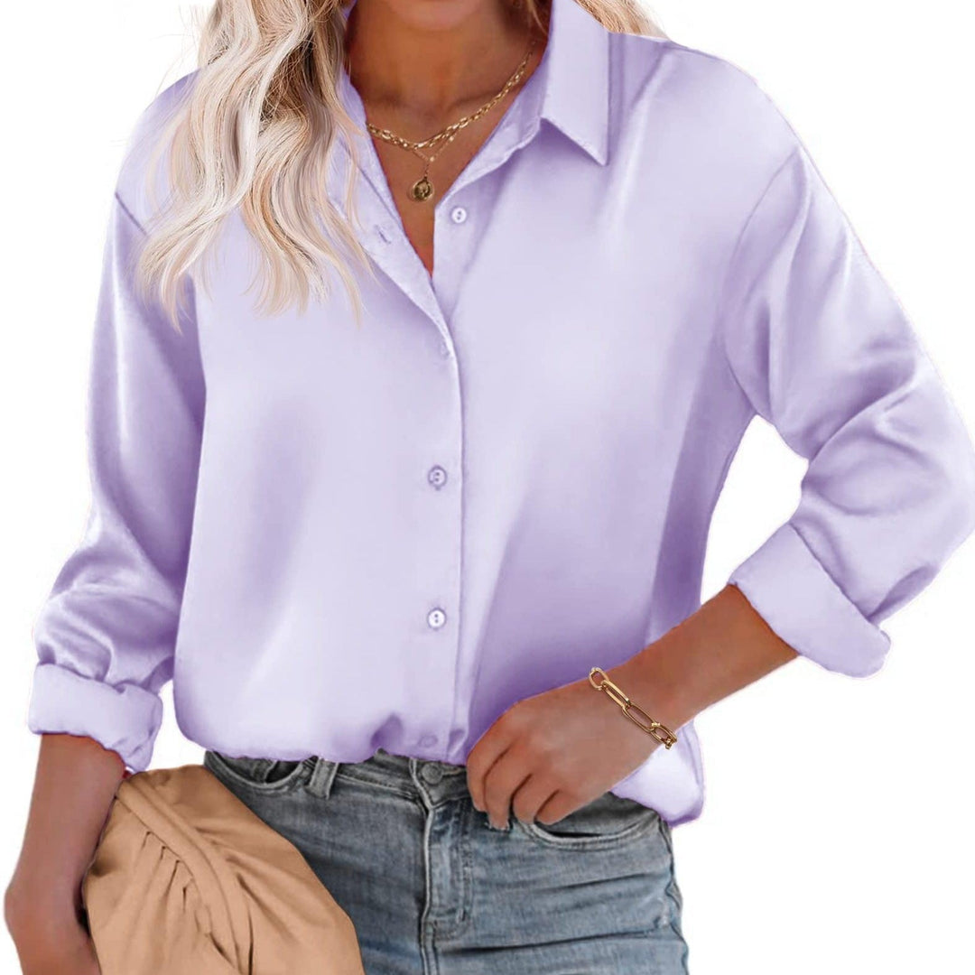 Damen Satinbluse Knopfverschluss Lange Ärmel