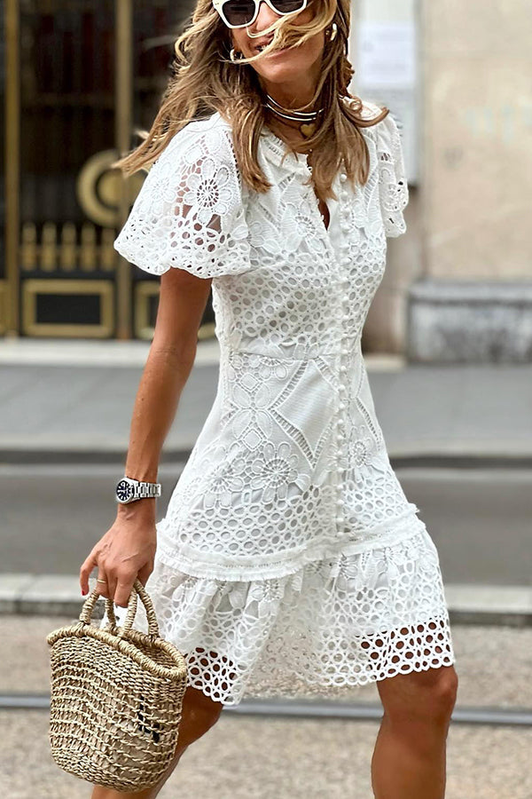 Brigitte – Women Lace Puff Sleeve Button Up Mini Dress - Image 7