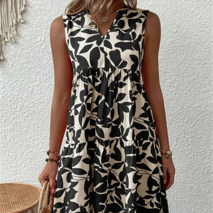 Damenkleid in A-Linie mit Blumenmuster und V-Ausschnitt