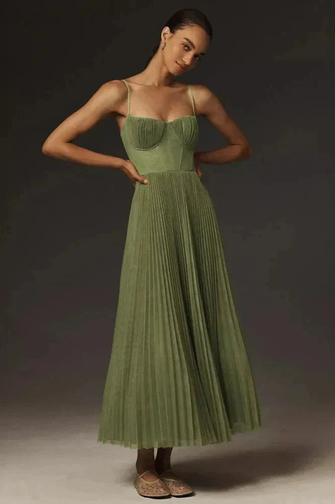 Jana | Damen Falten Träger Maxi Kleid