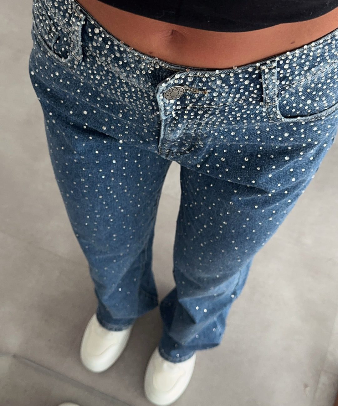 Stretch Straight Jeans Karo Glitzer Dunkelblau Ladypolitan ♡