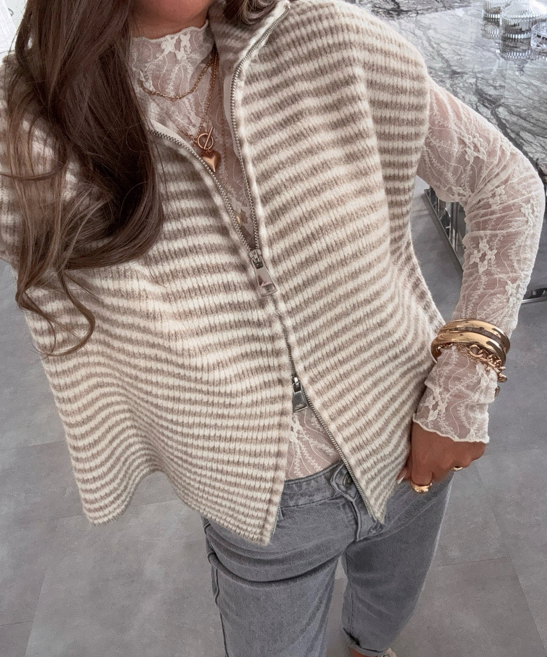 Kurzarm Strickjacke Vania Streifen Beige Ladypolitan ♡