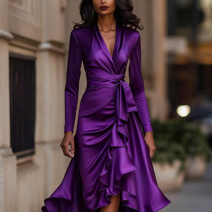 Satin-Maxikleid für Damen | Drapierte Rüschen, lange Ärmel