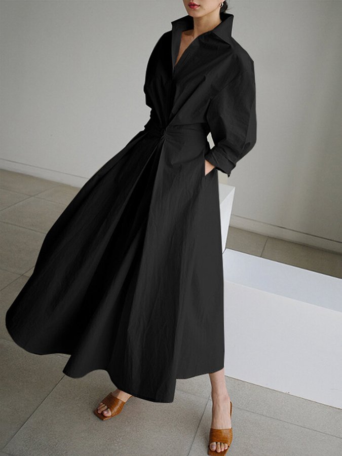 Stilvolles Damen Maxikleid langarm mit Hemdkragen