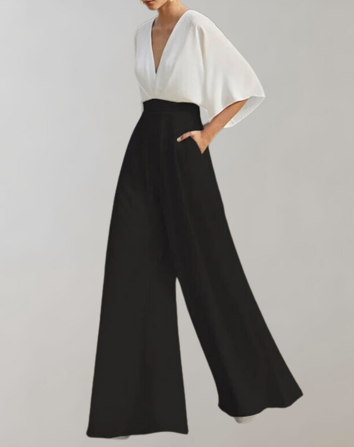 Jumpsuit mit V-Ausschnitt und weiten Ärmeln – elegante Damenmode