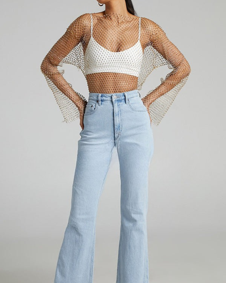 Damen-Top aus Diamant-Mesh mit Glockenärmeln