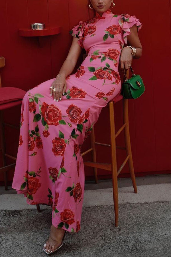 Lina – Elegant Rose Floral Print Tiered Flare Sleeve Maxi Dress for Women - Image 3