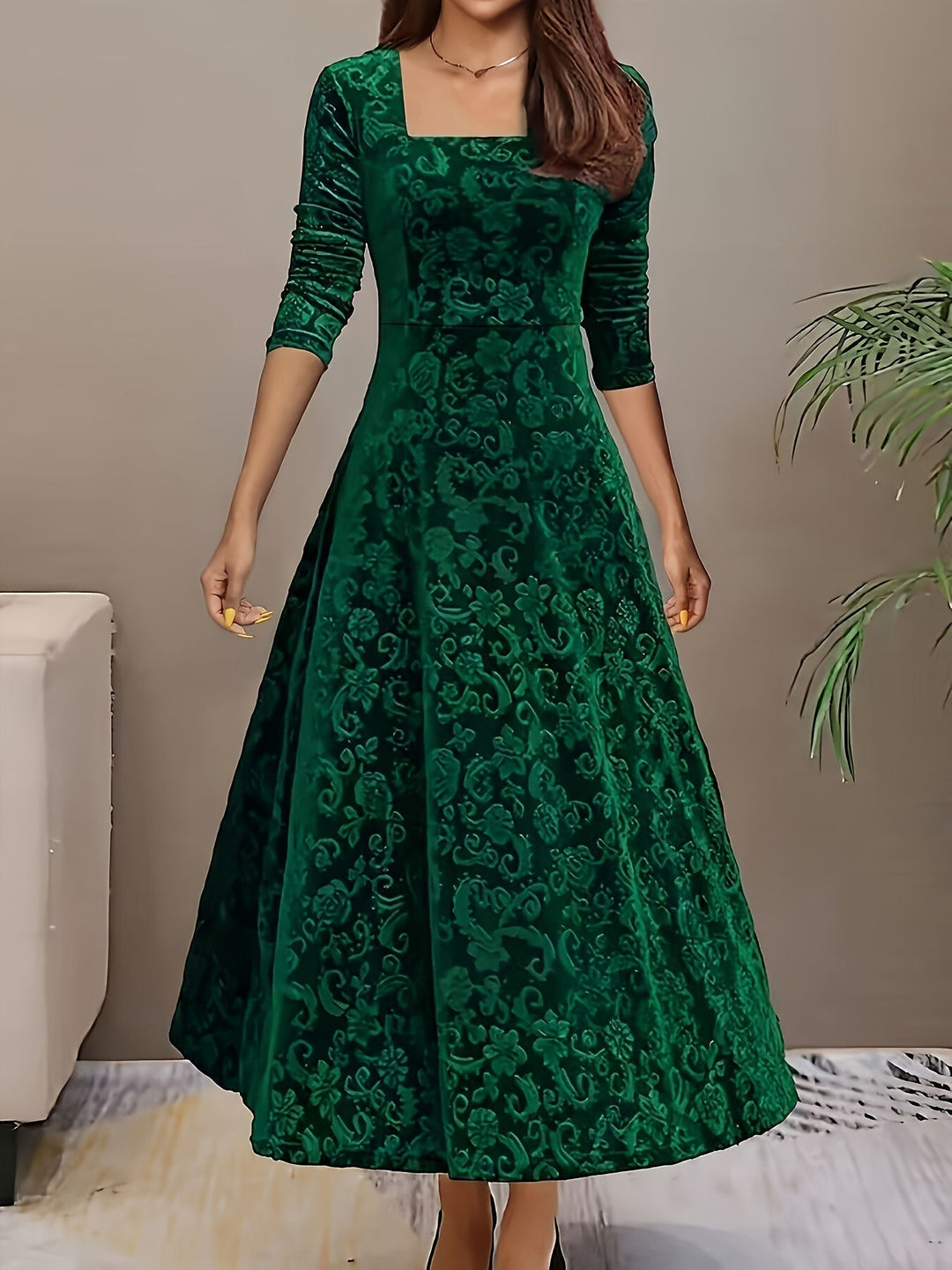 Drei Viertel-Arm Samtkleid Damen floral