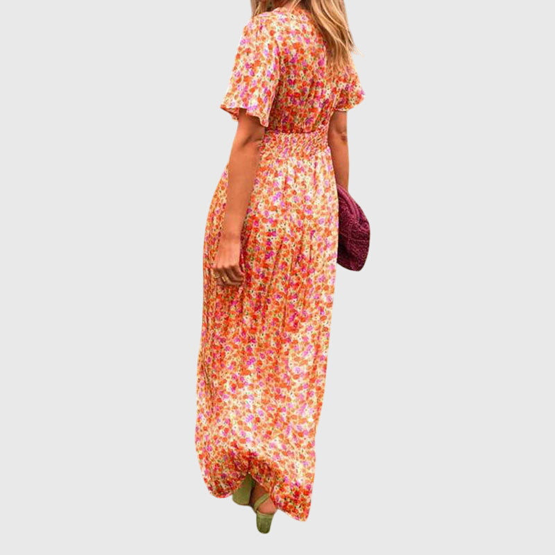 Regine | Damen Maxikleid mit Blumenmuster und Kurzärmeln