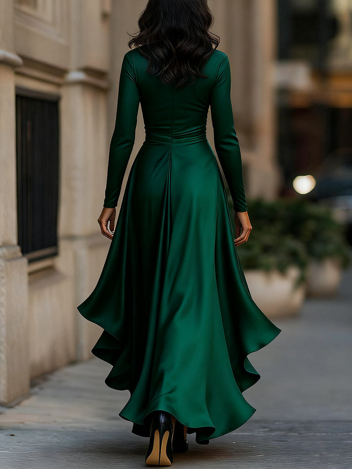 Satin-Maxikleid für Damen | Drapierte Rüschen, lange Ärmel