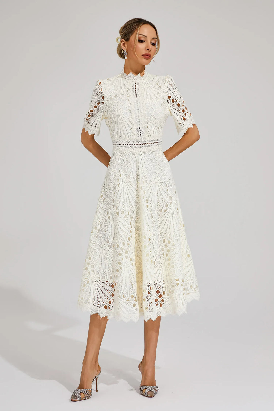 Jasmin | Damen Schickes Spitzen Midi Kleid