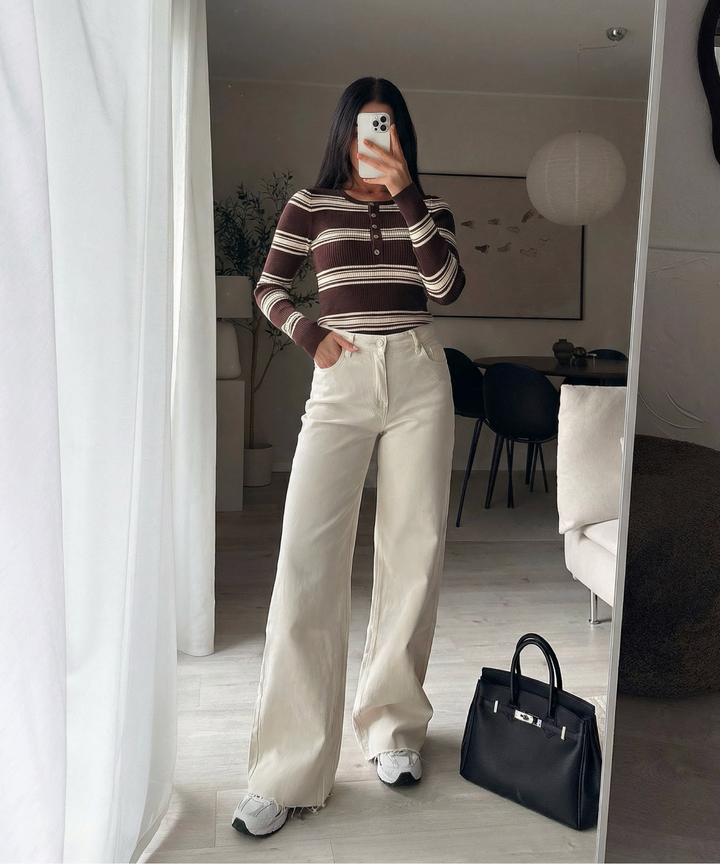 Extra Long Stretch Mid Waist Wide Leg Jeans Zerra Beige Ladypolitan ♡