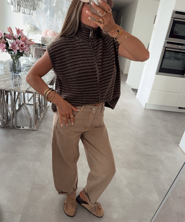 Kurzarm Strickjacke Vania Streifen Braun Taupe Ladypolitan ♡