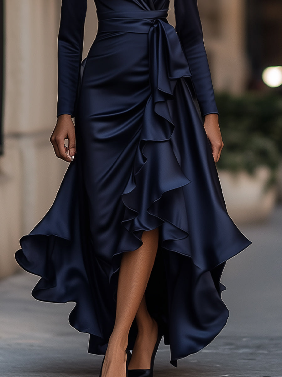 Satin-Maxikleid für Damen | Drapierte Rüschen, lange Ärmel