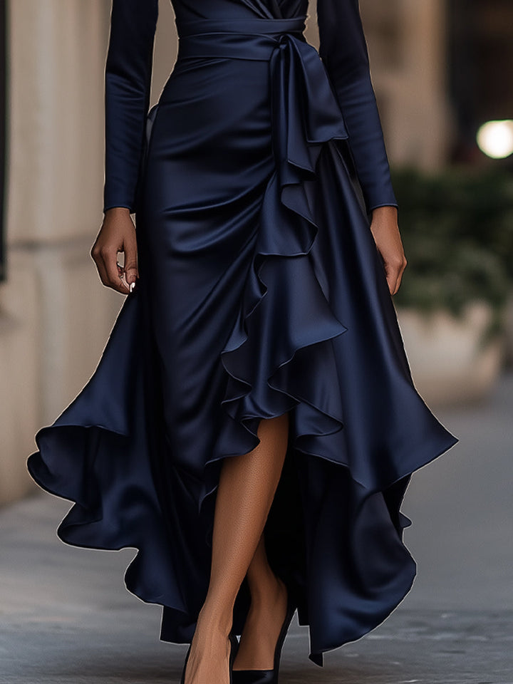 Satin-Maxikleid für Damen | Drapierte Rüschen, lange Ärmel