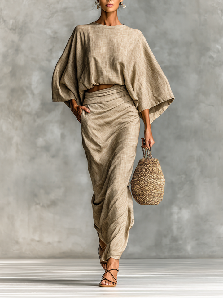 Set aus Batwing-Oberteil und Maxirock aus Leinenmischung für Damen