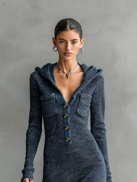 Damen-Strick-Maxikleid mit Kapuze