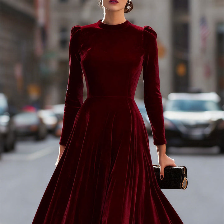 Damen-Midi-Kleid aus marineblauem Samt mit langen Ärmeln