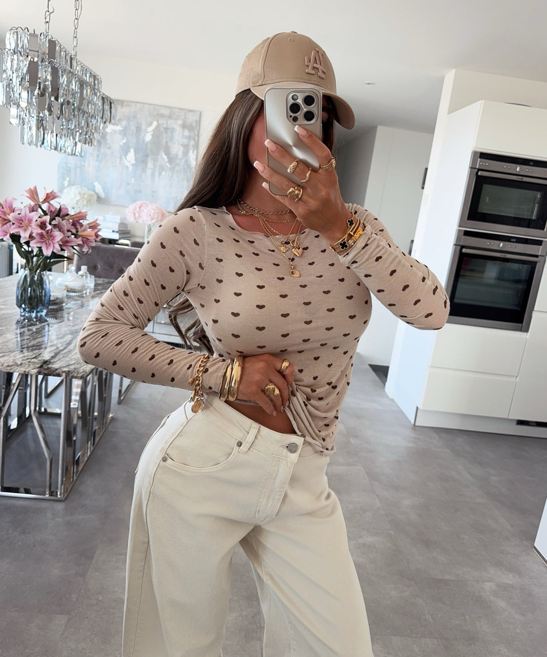 Viskose/Kaschmir Oberteil Orna Herzen Beige