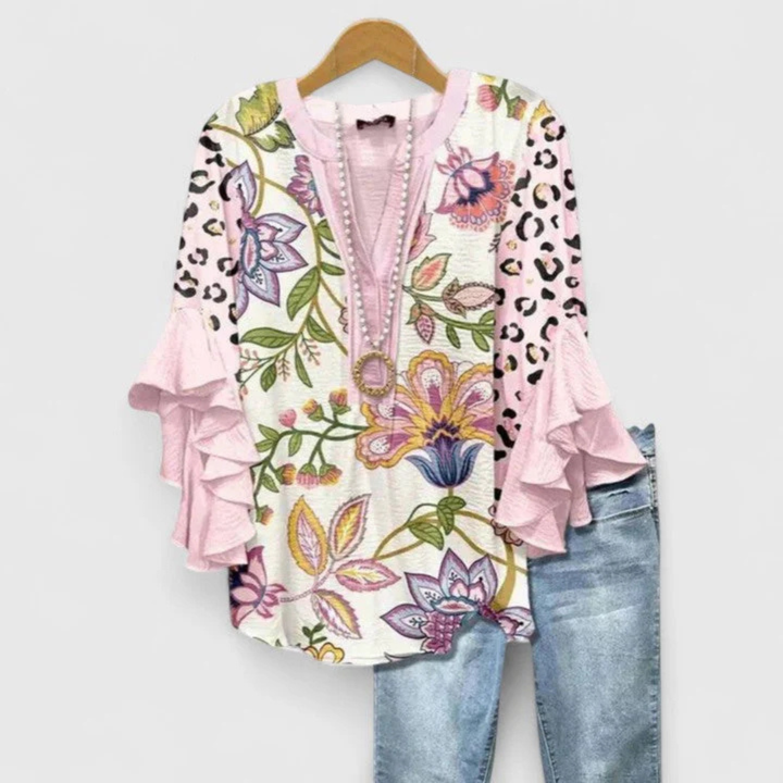 Viviane | Damen Blumen Rüschenärmel Casual Top