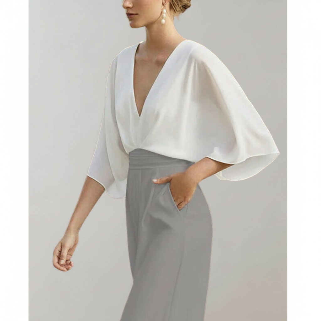 Jumpsuit mit V-Ausschnitt und weiten Ärmeln – elegante Damenmode