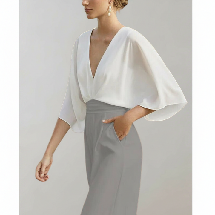 Jumpsuit mit V-Ausschnitt und weiten Ärmeln – elegante Damenmode