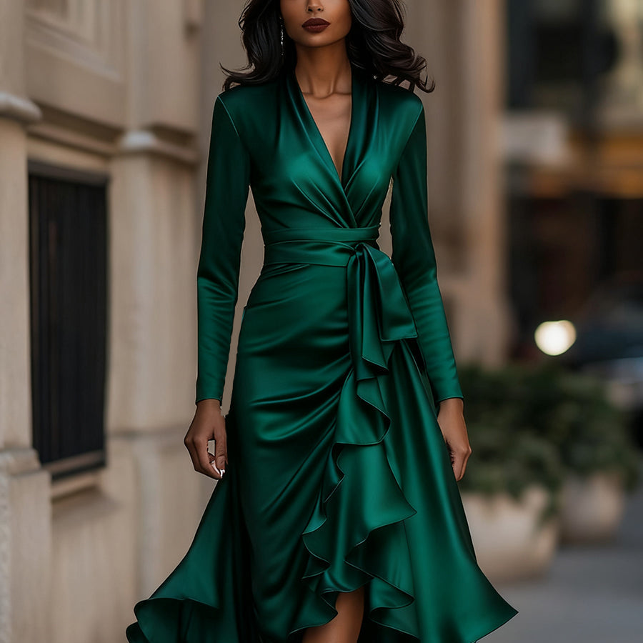 Satin-Maxikleid für Damen | Drapierte Rüschen, lange Ärmel