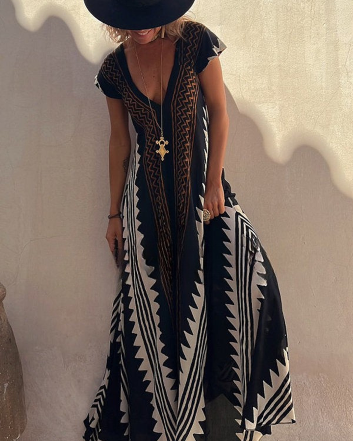 Damen-Maxikleid in A-Linie mit Ethno-Print
