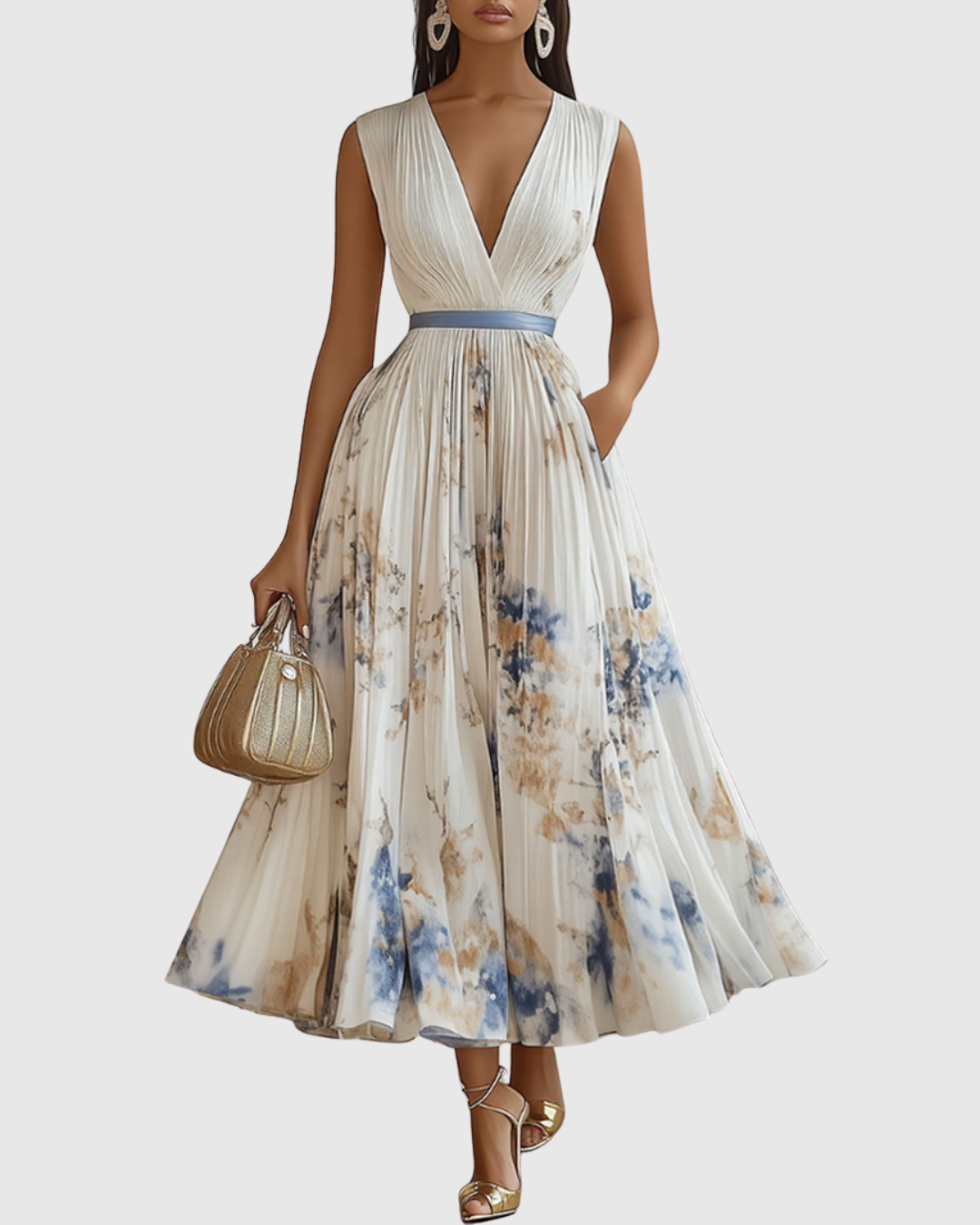 Isabella | Damen Ärmelloses Geplissiertes Blumen Midi Kleid