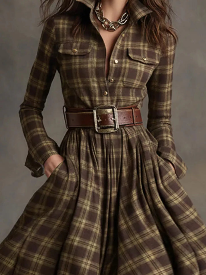 Damen-Maxikleid im Karomuster mit Knopfleiste