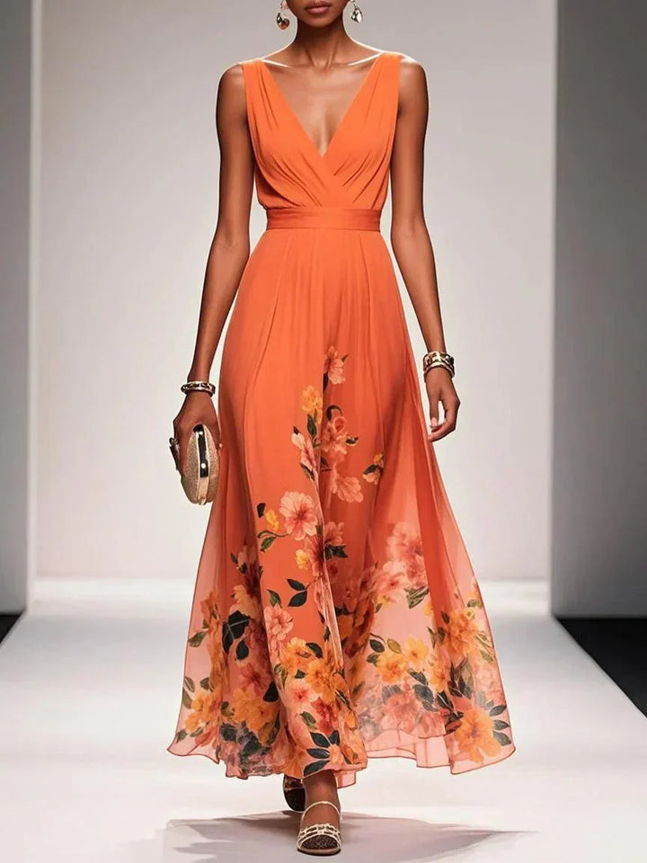 Carolin | Damen Florales Chiffon Sommer Maxikleid