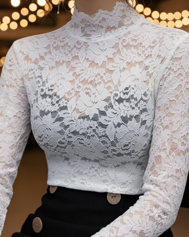 Julia | Damen Frühlings-Spitzenbluse mit Stehkragen