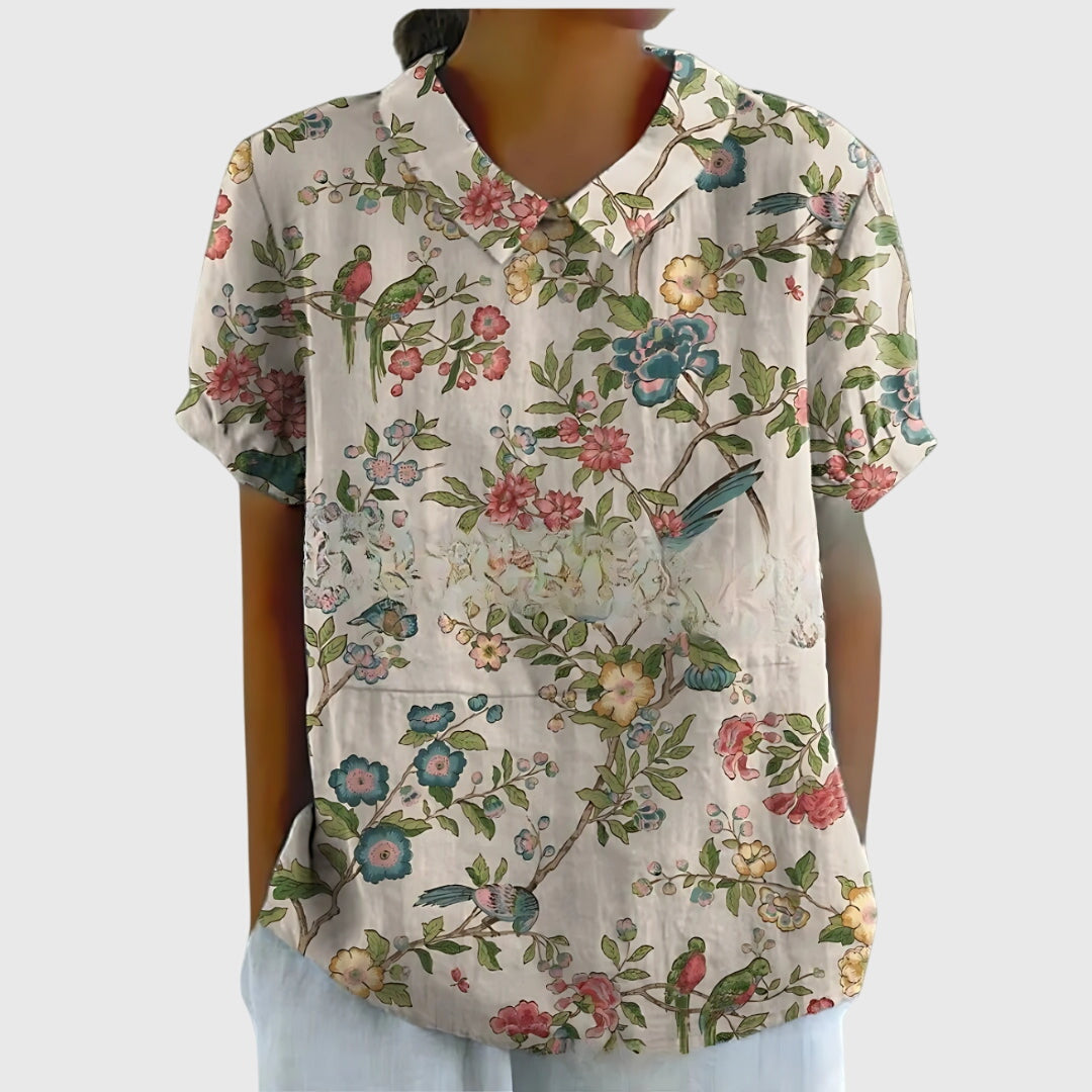 Elke | Damen Blumen Kragen Kurzarm Bluse