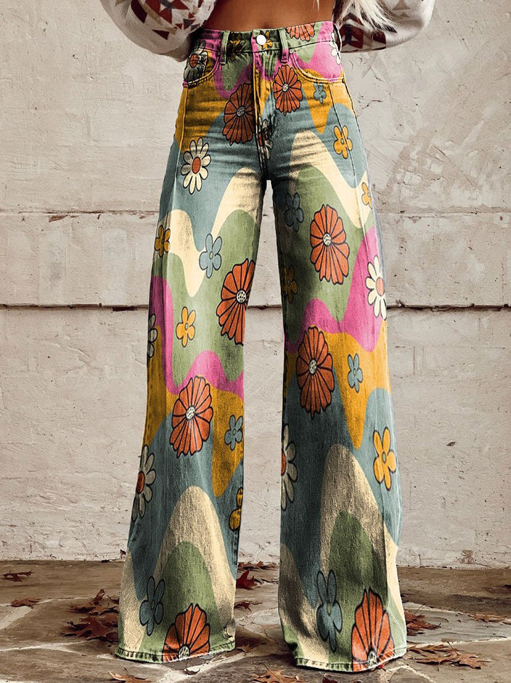 Damen-Baggy-Jeans lang mit Blumenprint