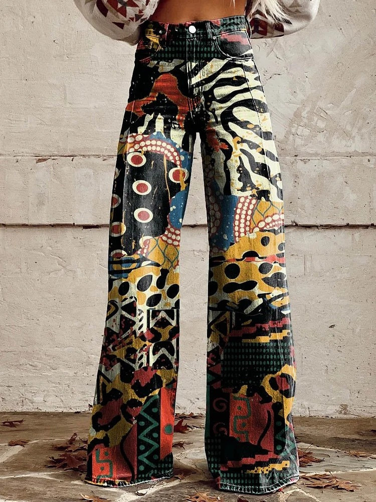 Damen-Baggy-Jeans lang mit Blumenprint