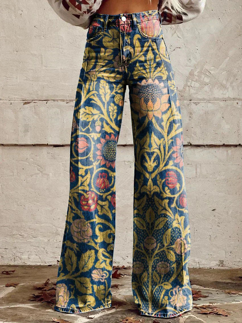 Damen-Baggy-Jeans lang mit Blumenprint
