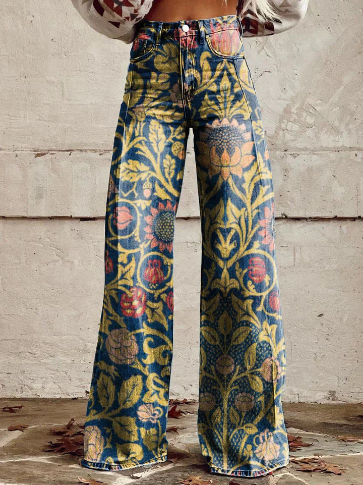 Damen-Baggy-Jeans lang mit Blumenprint