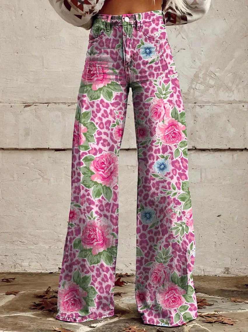 Damen-Baggy-Jeans lang mit Blumenprint