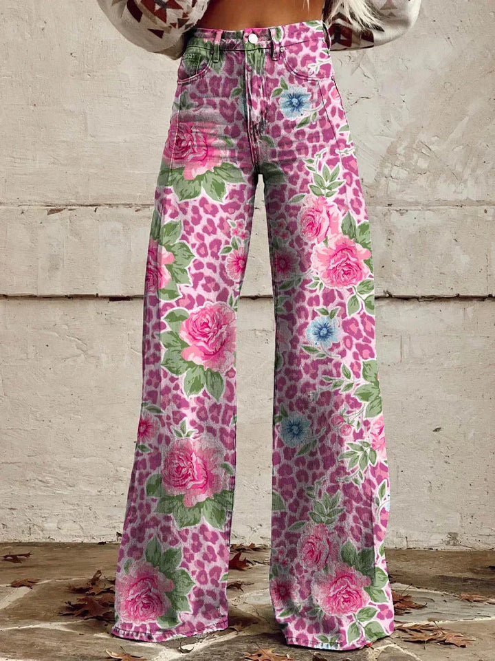 Damen-Baggy-Jeans lang mit Blumenprint