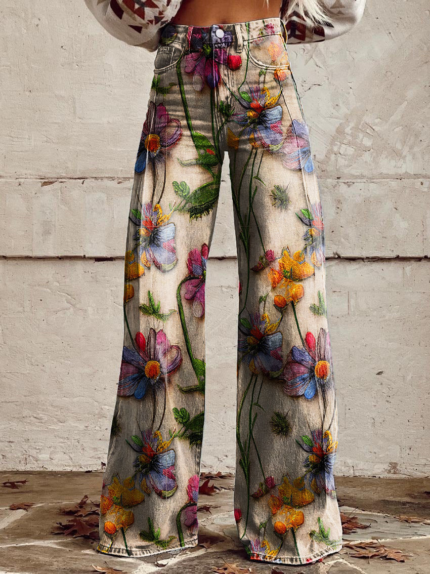 Damen-Baggy-Jeans lang mit Blumenprint