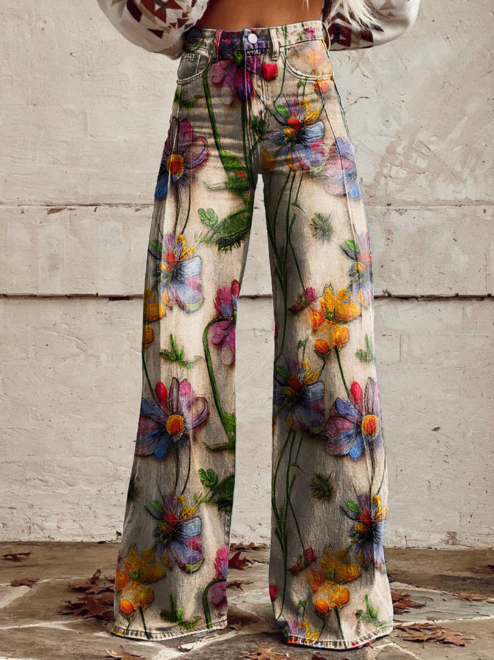 Damen-Baggy-Jeans lang mit Blumenprint