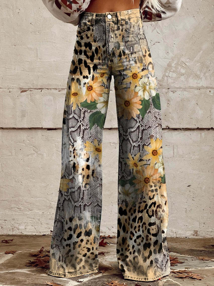 Damen-Baggy-Jeans lang mit Blumenprint
