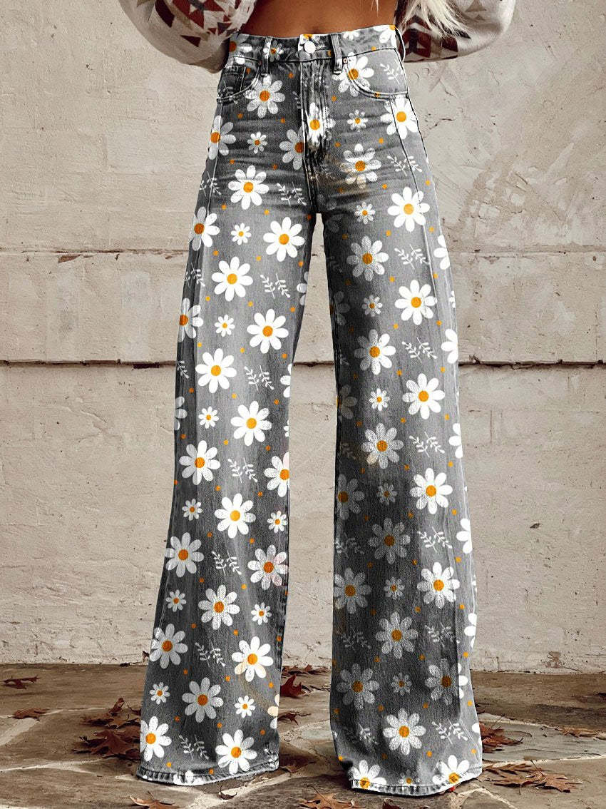 Damen-Baggy-Jeans lang mit Blumenprint