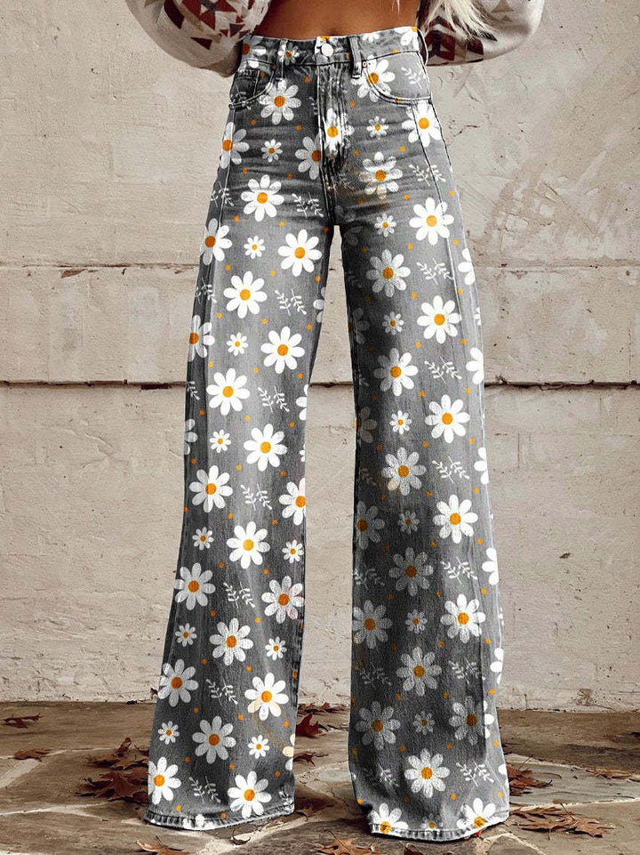 Damen-Baggy-Jeans lang mit Blumenprint