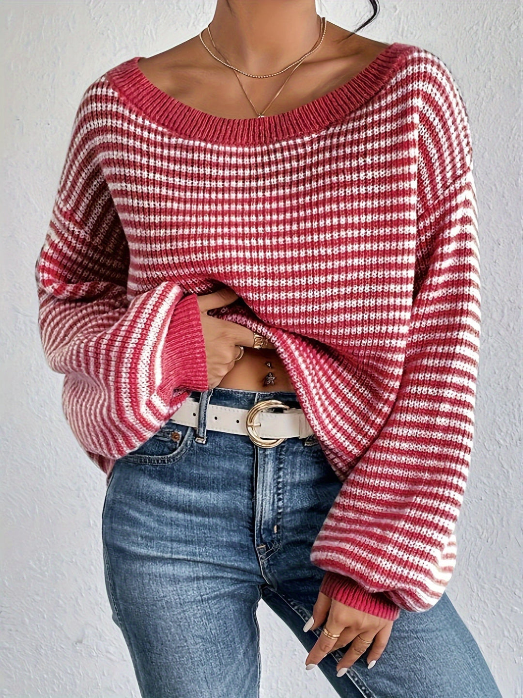Aline - Gestreifter schulterfreier Baumwollpullover im Vintage Look